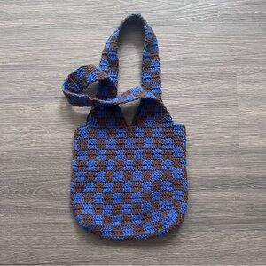 Blue and Brown Checkered Crochet Bag